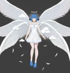  1girl angel angel_wings bare_arms bare_shoulders blue_footwear blue_hair cloud crocs dress ex-trident feathered_wings feathers full_body grey_background halo headphones multiple_wings original phyrnna seraph short_dress short_hair solo white_dress white_wings wings yellow_eyes 