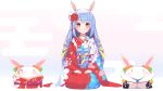  1girl 2021 2others absurdres amadeus_(amadeus0903) animal_ear_fluff animal_ears bangs blue_hair blush bunny bunny-shaped_pupils bunny_ears closed_mouth creature full_body fur-trimmed_kimono fur_trim hair_down hair_ornament highres hikimayu hololive japanese_clothes kanzashi kimono long_hair multicolored_hair multiple_others new_year nousagi_(usada_pekora) obi obiage obijime orange_eyes rabbit_girl red_kimono sash seiza short_eyebrows simple_background sitting smile solo_focus two-tone_hair usada_pekora virtual_youtuber white_background white_hair 