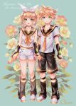  1boy 1girl anniversary aqua_background arm_warmers bangs bare_shoulders black_collar black_shorts black_sleeves blonde_hair bow character_name closed_mouth collar commentary crop_top dated duplicate floral_background flower fortissimo full_body hair_bow hair_ornament hairclip hana_(mew) headphones highres holding_hands kagamine_len kagamine_len_(vocaloid4) kagamine_rin kagamine_rin_(vocaloid4) leaf leg_warmers looking_at_viewer magnolia nail_polish neckerchief necktie open_mouth pink_flower sailor_collar school_uniform see-through_sleeves shiny shiny_clothes shirt short_hair short_ponytail short_shorts short_sleeves shorts signature sleeveless sleeveless_shirt smile sparkle spiked_hair standing suspenders swept_bangs v4x vocaloid white_bow white_footwear white_shirt white_shorts yellow_flower yellow_nails yellow_neckwear 