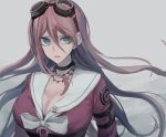  1girl bangs barbed_wire blonde_hair blue_eyes breasts choker cleavage collarbone commentary_request danganronpa_(series) danganronpa_v3:_killing_harmony floating_hair goggles goggles_on_head grey_background hair_between_eyes highres iruma_miu iumi_urura large_breasts long_hair long_sleeves looking_at_viewer open_mouth pink_hair pink_shirt school_uniform shirt simple_background solo upper_body very_long_hair 