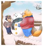  2020 anthro black_body black_fur black_nose blush bottomwear brown_body brown_fur butt canid canine clothing cute_fangs detailed_background duo eyes_closed fur gloves handwear hi_res kamui_shirow male mammal outside overweight overweight_male pants raccoon_dog scarf snow snowing snowman spectacled_bear sweater tanuki topwear tremarctine ursid 