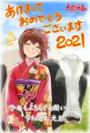  1girl 2021 ^_^ battle_athletes blue_sky blush brown_hair character_request closed_eyes closed_mouth cloud commentary_request cow floral_print hair_ornament haruyama_kazunori japanese_clothes kimono long_sleeves obi outdoors red_kimono sash short_hair sky smile solo translation_request 