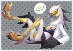  2019 accipitriform aggressive_retsuko anthro avian beak bird blouse bottomwear bra bra_down breasts clothed clothing conditional_dnp egg exposed_breasts eyelashes eyes_closed feathers female footwear fried_egg full-length_portrait genitals high_heels legs_up loupgarou lying mole_(marking) nipples non-mammal_breasts on_back open_clothing open_shirt open_topwear partially_clothed pictographics portrait pussy sanrio secretary_bird secretary_washimi shirt shoes skirt solo topwear underwear upskirt white_body white_feathers yellow_nipples 