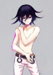  1boy absurdres bangs belt black_belt collarbone cowboy_shot danganronpa_(series) danganronpa_v3:_killing_harmony grey_background grin hair_between_eyes highres kitsunebi_v3kokonn looking_at_viewer male_focus male_underwear ouma_kokichi pants pink_blood purple_eyes purple_hair shirtless short_hair simple_background smile solo underwear white_pants 