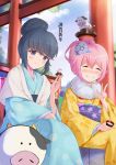  2girls absurdres amazake_(drink) blue_hair blush chinese_zodiac closed_eyes cow file112056 flower hair_bun hair_flower hair_ornament highres japanese_clothes kagamihara_nadeshiko kimono looking_at_viewer multiple_girls new_year obi pink_hair ponytail purple_eyes sash shima_rin shrine sitting smile v w year_of_the_ox yurucamp 