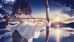  1girl archery arrow_(projectile) black_hair bow_(weapon) gloves kusaka_kou kyuudou mount_fuji muneate original outdoors partially_fingerless_gloves ponytail purple_eyes reflection sky solo sun twilight upper_body water weapon 