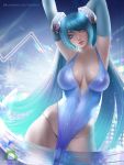  1girl abstract_background aqua_eyes aqua_hair black_panties breasts cleavage crystal_hair_ornament dress hands_up large_breasts league_of_legends lens_flare long_hair looking_at_viewer nextoad panties patreon_username pose solo sona_buvelle twintails underwear very_long_hair watermark wide_hips 