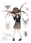  1girl blazer bug evolvingmonkey full_body highres insect_girl jacket kneehighs long_hair open_mouth original plaid plaid_skirt pleated_skirt pose school_uniform scorpion skirt solo spider spider_itou sweatdrop tick white_background white_legwear 