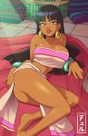  1girl bangs bare_legs bare_shoulders barefoot black_hair blunt_bangs bracelet breasts brown_eyes chel_(the_road_to_el_dorado) cleavage dark_skin dark_skinned_female earrings highres jewelry large_breasts loincloth long_hair lying midriff mike_luckas navel parted_lips smile solo strapless the_road_to_el_dorado tubetop 