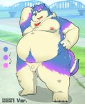  2021 96panda anthro balls belly blue_body blue_fur canid canine canis domestic_dog flaccid fur genitals hi_res humanoid_hands kemono male mammal moobs nipples outside overweight overweight_anthro overweight_male penis small_penis solo white_body white_fur 