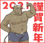  anthro belly bovid bovine brown_body brown_fur cattle chinese_new_year chinese_zodiac clothing fur hi_res holidays male mammal maron2475 musclegut navel new_year nipples one_eye_closed simple_background underwear white_background wink year_of_the_ox 