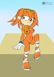  anthro armband blue_eyes brown_nipples circlet claws clothing echidna female footwear fours_(artist) fur gloves hand_behind_head handwear hi_res jewelry jewlery leg_wrap looking_at_viewer mammal monotreme necklace nipples orange_body orange_fur paws sandals sitting solo sonic_adventure sonic_the_hedgehog_(series) tikal_the_echidna wristband 