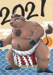  2021 anthro belly bovid bovine brown_body brown_fur cattle chinese_new_year chinese_zodiac fur hi_res holidays male mammal moobs new_year nipples overweight overweight_anthro overweight_male solo sumo trumpetsaurusu year_of_the_ox 