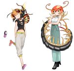  2girls absurdres antennae black_hair blonde_hair bug centipede centipede_girl evolvingmonkey full_body hands_in_pockets hello_kitty_(character) highres insect_girl long_skirt midriff multiple_girls orange_eyes original pants shoes single_shoe skirt sleeveless slippers sweatpants wasp wasp_girl white_background 