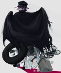  1boy absurdres black_cape black_footwear black_hair black_headwear book box cape commentary_request danganronpa_(series) danganronpa_v3:_killing_harmony drone falling from_behind grey_background hat highres innertube iumi_urura looking_back male_focus multicolored_hair note ouma_kokichi pants paper peaked_cap purple_eyes purple_hair scythe shoes simple_background solo standing torn_cape torn_clothes two-tone_hair 