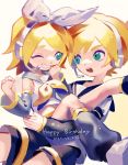  1boy 1girl aqua_eyes arm_warmers bangs bare_shoulders black_collar black_shorts blonde_hair bow collar commentary crop_top dated grey_collar grey_sleeves grin hair_bow hand_to_own_mouth hand_up happy_birthday headphones headset highres kagamine_len kagamine_rin kakutou15 leg_warmers looking_at_another neckerchief one_eye_closed open_mouth sailor_collar school_uniform shirt short_hair short_ponytail short_shorts short_sleeves shorts sitting sitting_on_person sleeveless sleeveless_shirt smile spiked_hair swept_bangs vocaloid white_bow white_shirt yellow_neckwear 