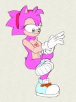  accessory adjusting_clothing anthro blue_eyes classic_amy_rose classic_sonic_(universe) clothing crossed_legs eulipotyphlan female footwear fours_(artist) fur gloves hair_accessory hairband handwear hedgehog hi_res looking_down mammal mostly_nude nipples pink_body pink_fur pink_nipples shoes sitting solo sonic_the_hedgehog_(series) 