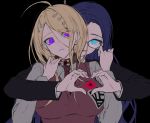  2girls ahoge akamatsu_kaede bangs black_background black_jacket blonde_hair blood bloody_tears blue_eyes blue_hair breasts character_print collar commentary_request danganronpa_(series) danganronpa_v3:_killing_harmony eyebrows_visible_through_hair glass glasses glowing glowing_eye grey_shirt hair_ornament hands_up heart heart_hands highres iumi_urura jacket large_breasts long_hair long_sleeves looking_at_viewer monokuma multiple_girls musical_note_hair_ornament necktie pink_sweater shirogane_tsumugi shirt simple_background smile sweater sweater_vest upper_body 