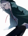  1boy ahoge bangs black_pants commentary_request danganronpa_(series) danganronpa_2:_goodbye_despair from_side green_jacket grey_hair grey_shirt hands_in_pockets highres hood hood_up iumi_urura jacket komaeda_nagito long_sleeves looking_at_viewer looking_to_the_side male_focus open_clothes open_jacket pants print_shirt shirt simple_background sketch smile solo white_background 