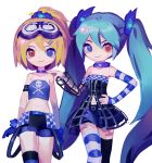  2girls aqua_hair bare_shoulders belt black_dress black_legwear blonde_hair blue_eyes blue_gloves blue_legwear blue_shirt blue_skirt burning_stone_(module) camisole chinese_commentary choker collarbone commentary cowboy_shot crop_top detached_sleeves dress gimmexgimme_(vocaloid) gloves goggles goggles_on_head hair_ornament hair_scrunchie hand_on_another&#039;s_shoulder hand_on_hip hatsune_miku heterochromia highres kagamine_rin kakutou15 long_hair looking_at_viewer magical_mirai_(vocaloid) midriff miniskirt multiple_girls navel ponytail project_diva_(series) red_eyes rockin_stone_(module) scrunchie shirt short_shorts shorts single_thighhigh skirt skull_and_crossbones skull_print smile standing striped striped_legwear striped_sleeves thighhighs twintails very_long_hair vocaloid white_background white_legwear wireframe 