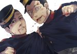  2boys black_eyes black_hair blood blood_on_face bloody_hands buzz_cut clenched_hand facial_hair facial_mark golden_kamuy hat looking_at_viewer military military_hat military_uniform multiple_boys ogata_hyakunosuke open_mouth oziozi_kamuy shirt_pull short_hair silver_eyes simple_background stubble uniform usami_tokishige very_short_hair white_background younger 