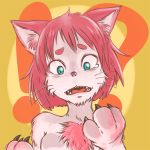  1:1 2019 3_fingers ?! anthro blue_eyes bodily_fluids felid female fingers fur goliathdh hair implied_transformation looking_down mammal open_mouth pink_body pink_fur pink_hair portrait simple_background solo surprise tears whiskers yellow_background 