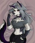  2020 anthro black_body black_claws black_fur breasts canid canid_demon claws clothing collar demon dkurie ear_piercing eyebrows eyelashes female fingerless_gloves fur gloves grey_background grey_body grey_fur grey_hair hair handwear hellhound helluva_boss hi_res inner_ear_fluff loona_(vivzmind) mammal multicolored_body multicolored_fur notched_ear piercing red_sclera simple_background solo spiked_collar spikes tuft white_body white_eyes white_fur white_inner_ear 