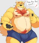  &lt;3 2020 anthro belly black_nose blush bottomwear bulge canid canine canis clothing domestic_dog english_text fur hi_res humanoid_hands male mammal moobs nipples overweight overweight_anthro overweight_male shorts solo text vitashi yellow_body yellow_fur 