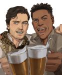  2boys :d absurdres alcohol arm_around_shoulder beer beer_mug black_hair brown_eyes brown_hair brown_jacket brown_scarf collared_shirt commentary cup dark_skin dark_skinned_male english_commentary facial_hair finn_(star_wars) foam grin hand_on_another&#039;s_shoulder happy highres holding holding_cup jacket long_sleeves looking_at_viewer male_focus mug multiple_boys open_mouth poe_dameron scarf shirt short_hair side-by-side simple_background smile star_wars star_wars:_the_rise_of_skywalker teeth thisuserisalive tongue upper_body white_background white_shirt 