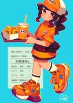  1girl a&amp;w absurdres aqua_background bag bangs baseball_cap blush brown_hair cup disposable_cup drinking_straw food full_body hat highres holding holding_tray huge_filesize kneehighs logo long_hair moai_(more_e_4km) onion_rings orange_footwear orange_shirt original ponytail receipt red_eyes shirt shoes sidelocks signature simple_background sneakers solo tray uniform walking white_legwear 