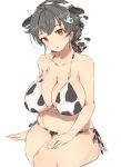  1girl alchera animal_ears animal_print bikini black_hair breasts cleavage cow_ears cow_horns cow_print fake_animal_ears fake_horns hair_flaps horns jingei_(kantai_collection) kantai_collection large_breasts long_hair looking_at_viewer low_ponytail red_eyes side-tie_bikini sitting solo swimsuit white_bikini 