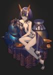  1girl bare_legs bare_shoulders black_background black_eyes bob_cut fate/grand_order fate_(series) feet food fruit grapes horns lanzi_(415460661) navel oni_horns peach plate purple_hair revealing_clothes short_hair shuten_douji_(fate/grand_order) signature skin-covered_horns smile solo toes 