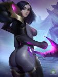  1girl ass back black_hair black_lipstick bodysuit boots breasts clenched_hand facial_mark kai&#039;sa large_breasts league_of_legends lipstick looking_at_viewer looking_back makeup nextoad pale_skin patreon_username purple_eyes solo standing thigh_boots thighhighs watermark 
