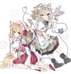  2girls :q ;) alternate_costume animal_ears apron back_bow bangs black_footwear blonde_hair blush boots bow broom cat_ears cat_girl cat_tail collared_shirt crystal eyeball eyebrows_visible_through_hair flandre_scarlet frilled_shirt_collar frilled_skirt frilled_sleeves frills green_eyes green_hair green_skirt hair_between_eyes hair_ribbon heart heart_of_string holding holding_broom holding_plate kneeling komeiji_koishi looking_at_viewer looking_back maid_headdress medium_hair multiple_girls one_eye_closed one_side_up paw_print plate puffy_short_sleeves puffy_sleeves red_eyes red_legwear red_ribbon red_skirt red_vest ribbon shirt shoes short_sleeves simple_background skirt smile sorani_(kaeru0768) tail third_eye tongue tongue_out touhou vest waist_apron wavy_hair white_background white_shirt wings wrist_cuffs yellow_ribbon yellow_shirt 