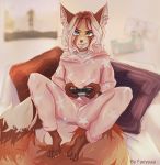  2020 ailurid anthro barefoot bite biting_lip biting_own_lip blue_eyes brown_body brown_nose controller faeyyaa female game_controller green_eyes hair heterochromia hi_res inner_ear_fluff mammal pillow playstation playstation_controller pyjama red_panda rupey self_bite solo sony_corporation sony_interactive_entertainment tuft video_games 