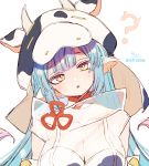  1girl ? animal_ears animal_print blue_hair breasts cleavage commentary cow_ears cow_girl cow_hat cow_horns cow_print ear_piercing granblue_fantasy head_tilt high_collar highres horns large_breasts long_hair looking_at_viewer parted_lips piercing red_eyes see-through shatola_(granblue_fantasy) sidelocks signature simple_background sofra solo symbol_commentary twitter_username upper_body very_long_hair white_background 