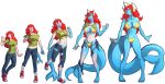  2020 alpha_channel anthro bikini bikini_bottom bikini_top blue_body body_size_growth bottomwear clothing eeveelution female footwear growth hair human human_to_anthro mammal membrane_(anatomy) nintendo on_one_leg pants pok&eacute;mon pok&eacute;mon_(species) red_hair scissorsrunner shirt shoes simple_background size_transformation smile solo species_transformation standing swimwear tail_growth topwear torn_clothing transformation transparent_background vaporeon video_games webbed_hands 