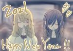  2021 2girls aihara_mei aihara_yuzu bangs black_hair blonde_hair citrus_(saburouta) closed_eyes engagement_ring english_commentary english_text eyebrows_visible_through_hair glidesloe hands_together happy_new_year head_bowed highres jacket jewelry multiple_girls new_year ring scarf step-siblings wife_and_wife winter 