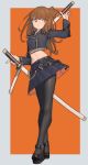  1girl belt black_belt black_footwear black_legwear black_shirt black_skirt border bright_pupils brown_eyes brown_hair crop_top fishnets full_body grey_border highres holding holding_sword holding_weapon katana lanzi_(415460661) long_hair long_sleeves midriff navel orange_background original pantyhose pleated_skirt shirt shoes signature simple_background skirt solo standing sword weapon white_pupils 