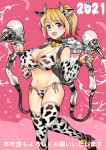  1girl 2021 animal_ears animal_print bell bell_collar bikini blonde_hair blue_eyes blush boots breasts cleavage collar commentary_request container cow_ears cow_horns cow_print cowbell fake_animal_ears fake_horns gradient_hair highres horns large_breasts looking_at_viewer milk milking_machine multicolored_hair nakasone_haiji navel open_mouth original pink_background pink_hair side-tie_bikini swimsuit thigh_boots thighhighs 