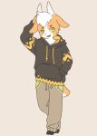  anthro bottomwear bovid caprine clothed clothing forrest_(chump) goat green_eyes green_mouth hand_on_head hi_res hoodie hooves horn male mammal pants s1120411 solo sweatpants topwear 