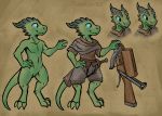  anthro blep blue_eyes crossbow fantasy featureless_crotch green_body green_scales horn kobold male melee_weapon model_sheet ranged_weapon scales scalie solo sword tamlin123 tongue tongue_out weapon 