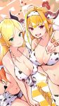  2girls alternate_costume animal_print bikini braid breasts cow_print cutting_board demon_horns demon_tail dragon_horns green_eyes highres hololive horns kiryuu_coco large_breasts long_hair looking_at_viewer multicolored_hair multiple_girls navel orange_hair pointy_ears print_bikini print_legwear red_eyes short_hair streaked_hair swimsuit tail thighhighs tied_hair trait_connection v very_long_hair virtual_youtuber yuyaiyaui yuzuki_choco 