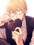  1boy backlighting bangs bespectacled black_jacket black_vest blonde_hair candy chocolate chocolate_heart collared_shirt commentary_request ear_piercing english_text fingernails food food_in_mouth glasses hair_between_eyes hand_up happy_valentine heart jacket jacket_on_shoulders kise_ryouta kuroko_no_basuke lower_teeth male_focus mashima_shima mouth_hold piercing shiny shiny_hair shirt short_hair simple_background solo twitter_username upper_body valentine vest white_background white_shirt yellow_eyes 