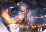  1boy blue_hair bracelet capelet casting_spell cu_chulainn_(fate)_(all) cu_chulainn_(fate/grand_order) earrings fate/grand_order fate_(series) fire floating_hair fur-trimmed_hood fur_trim gochary1212 highres holding holding_staff hood hood_down hooded_capelet jewelry long_hair male_focus red_eyes runes slit_pupils solo spiked_hair staff type-moon vambraces wooden_staff 