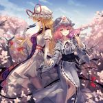  2girls banned_artist blonde_hair blue_kimono commentary_request day dress eyebrows_visible_through_hair fan folding_fan frilled_kimono frills gap_(touhou) gloves hat highres holding_hands interlocked_fingers japanese_clothes kimono long_hair medium_hair minust mob_cap multiple_girls outdoors parted_lips pink_hair puffy_short_sleeves puffy_sleeves saigyouji_yuyuko short_sleeves smile tabard touhou tree triangular_headpiece white_dress white_gloves yakumo_yukari 