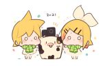  1boy 1girl 2021 :i ^^^ afterimage bangs blonde_hair blush_stickers bow brother_and_sister chibi chinese_zodiac commentary cow dress fur-trimmed_dress fur_trim hair_bow hair_ornament hairclip kagamine_len kagamine_rin kitsune_no_ko short_hair siblings solid_circle_eyes speaker spiked_hair standing star_(symbol) swept_bangs twins vocaloid waving_arm white_background white_bow white_dress year_of_the_ox 