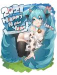  1girl 2021 absurdres animal_ears animal_print aqua_eyes aqua_hair bare_shoulders black_legwear bottle chinese_zodiac commentary cow_ears cow_girl cow_horns cow_print detached_sleeves grass hair_ornament happy_new_year hatsune_miku heart high_heels highres horns legs_up leotard lips long_hair looking_at_viewer milk_bottle neck_bell new_year reirou_(chokoonnpu) see-through_sleeves shiny shiny_clothes shiny_legwear sky smile solo spilling thighhighs tongue tongue_out twintails very_long_hair vocaloid white_leotard year_of_the_ox 