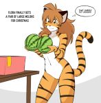  2020 angry annoyed anthro brown_hair casual_nudity countershade_face countershade_torso countershading dialogue digital_media_(artwork) english_text featureless_crotch felid female flat_chested flora_(twokinds) food fruit fur hair hexteknik hi_res holding_food holding_fruit holding_melon holding_object holding_watermelon humor incredulous innuendo keidran mammal melon multicolored_body multicolored_fur navel nude orange_body orange_fur pantherine plant pun simple_background solo striped_body striped_fur stripes text thought_bubble tiger two_tone_body two_tone_fur twokinds watermelon webcomic white_background white_body white_countershading white_fur 