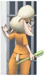  2016 3_fingers anthro bovid caprine clothed clothing conditional_dnp dawn_bellwether disney eyewear female fingers fully_clothed glasses hi_res holding_object holding_weapon improvised_weapon looking_at_viewer looking_back looking_back_at_viewer loupgarou mammal portrait prison_uniform prisoner rear_view sheep solo standing three-quarter_portrait weapon zootopia 